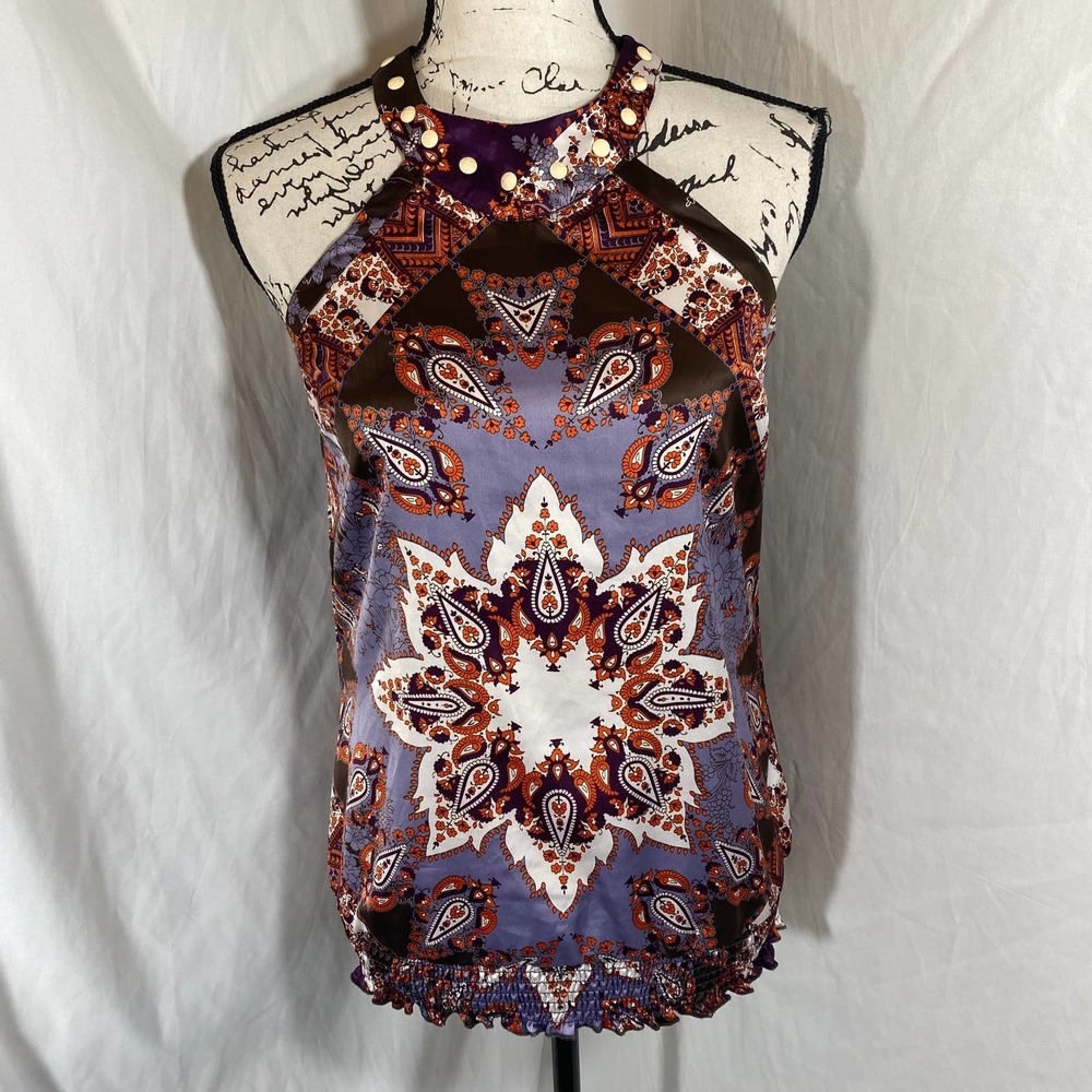Takara Key Hole Back Beaded Collar Paisley Halter Top Sz S